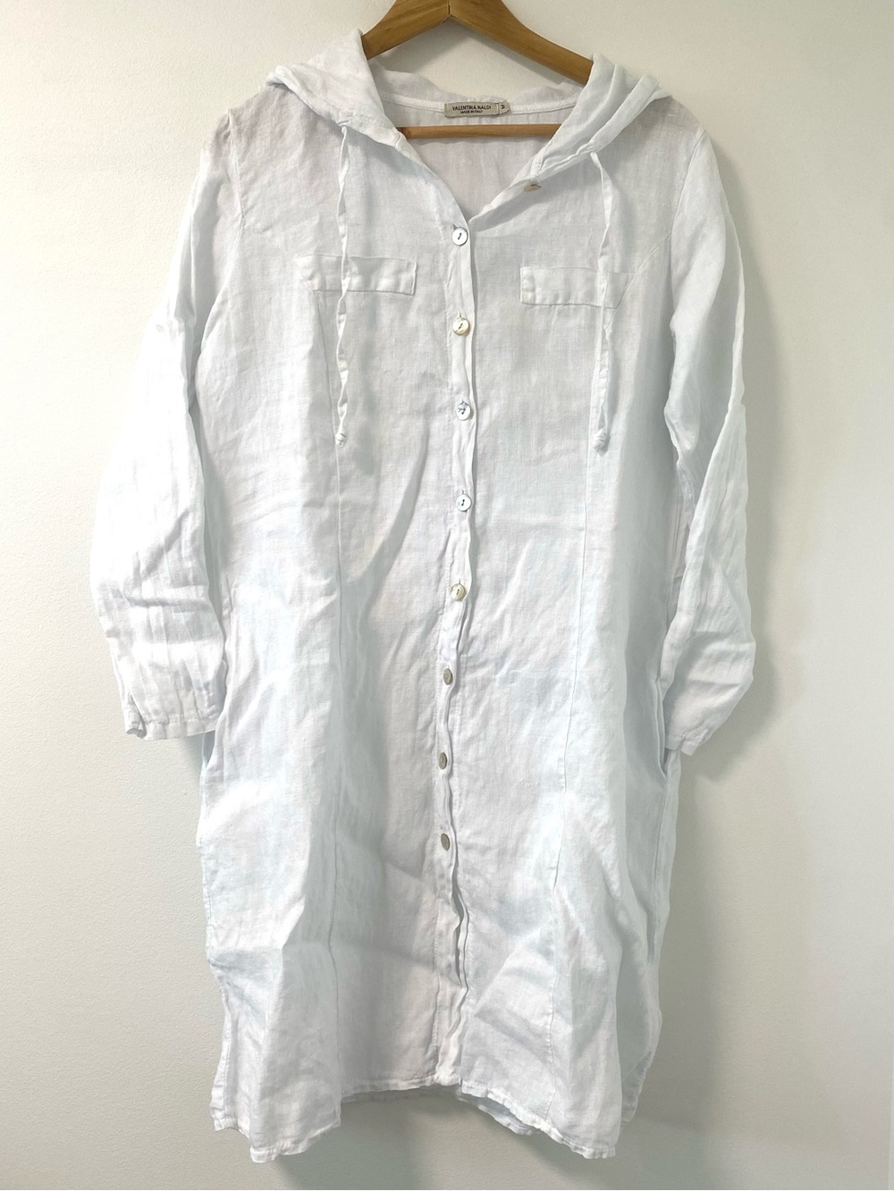 Italian Linen Shirt Dress Hood Button Cape Cover-Up Tunic White Pockets Medium